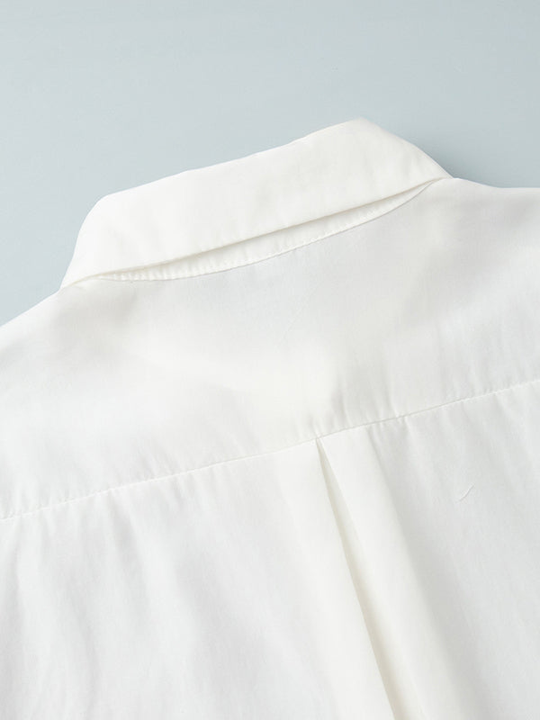 Pleated Solid Color Split-Joint Loose Puff Sleeves Lapel Blouses&shirts Tops