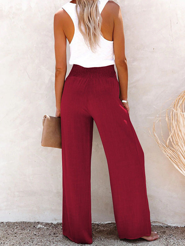 Buttoned Elasticity Solid Color Loose Wide Leg Trousers Pants