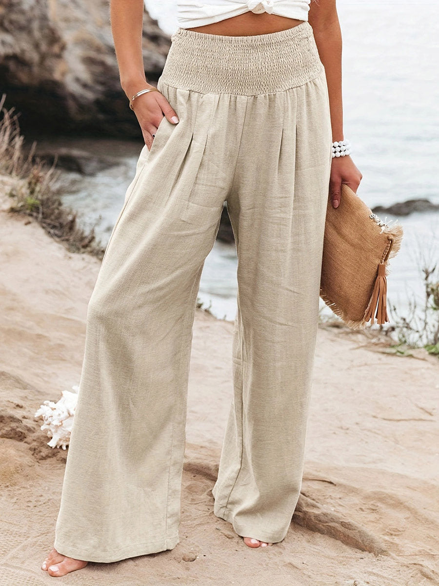 Pleated Pockets Solid Color Split-Joint Elasticated Waist High Waisted Pants