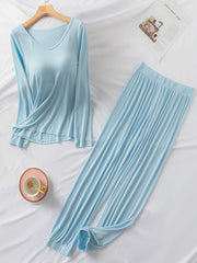 V-Neck Solid Color Long Sleeve&Pants Pajamas Sets