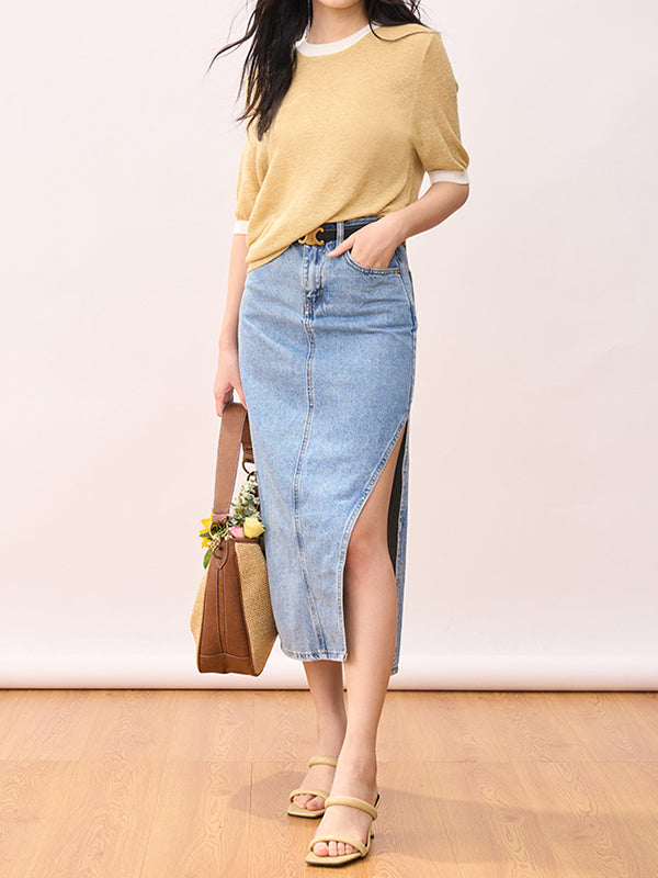 Contrast Color Loose Short Sleeves Round-Neck T-Shirts