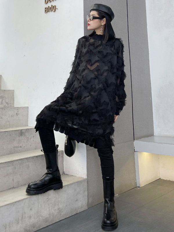 Asymmetric Mesh Pockets See-Through Solid Color Split-Joint Tasseled Irregularity Long Sleeves Stand Collar Midi Dresses
