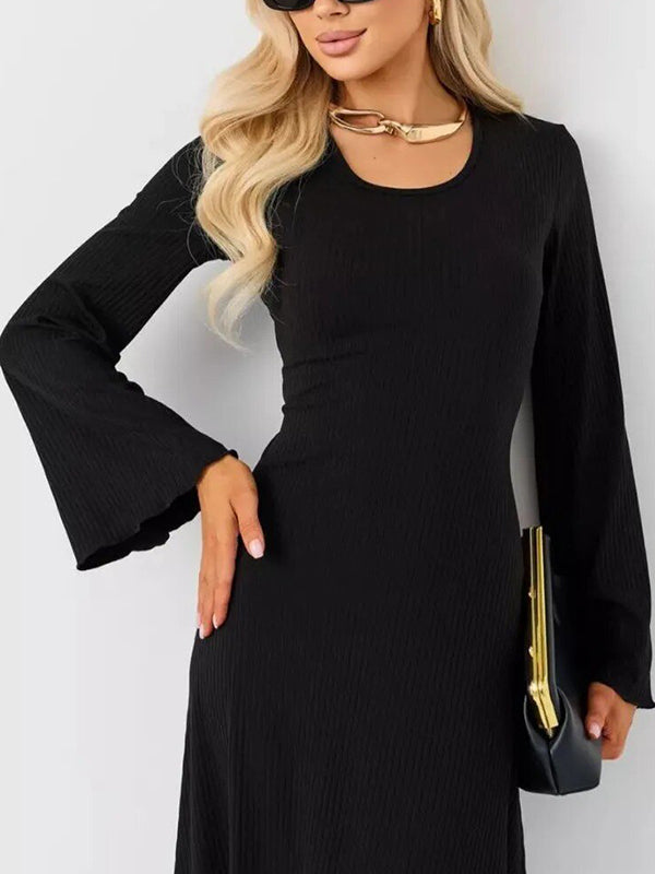 Pleated Ruffled Solid Color Split-Joint Long Sleeves Round-neck Maxi Dresses