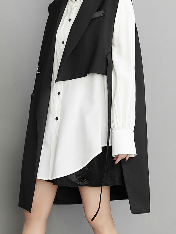 Asymmetric Pockets Tied Sleeveless Notched Collar Vest Outerwear