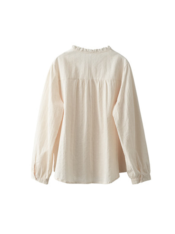 Embroidered Long Sleeves Loose Round-Neck Blouses&Shirts Tops