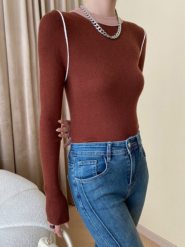 Contrast Color Split-Joint Long Sleeves Skinny Round-Neck Sweater Tops Pullovers