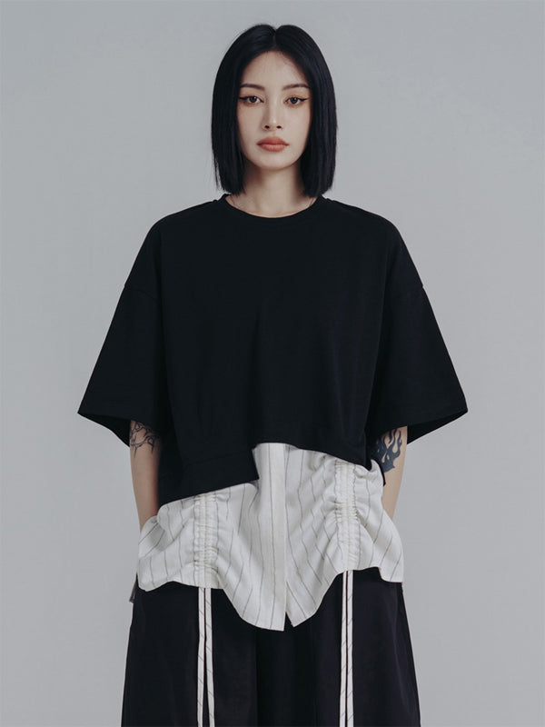 Urban Striped Drawstring Split-Joint False Two Split-Joint T-Shirt