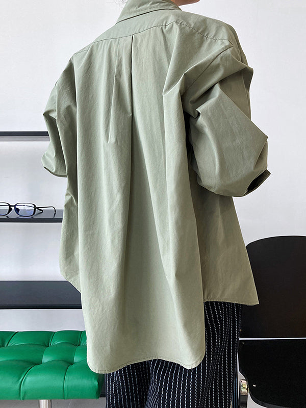 Simple Loose Long Sleeves Buttoned Solid Color Lapel Collar Blouses&Shirts Tops