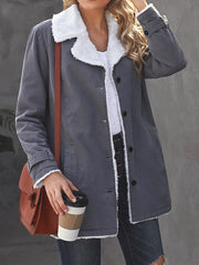 Buttoned Pockets Velvet Long Sleeves Loose Notched Collar Outerwear