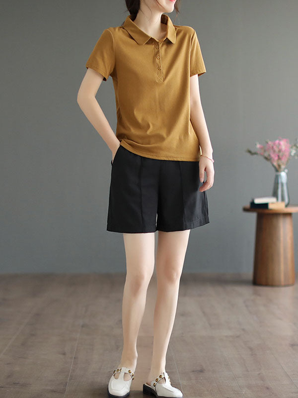 Buttoned Solid Color Short Sleeves Polo T-Shirts Tops