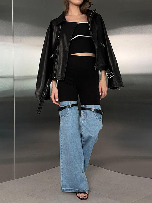 Belted Split-Joint High Waisted Flared Trousers