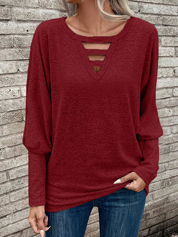 Hollow Solid Color Split-Joint Long Sleeves Loose V-neck T-Shirts Tops