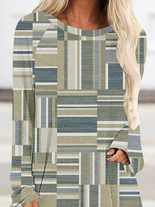 Contrast Color Printed Striped High-Low Long Sleeves Round-Neck T-Shirts Tops