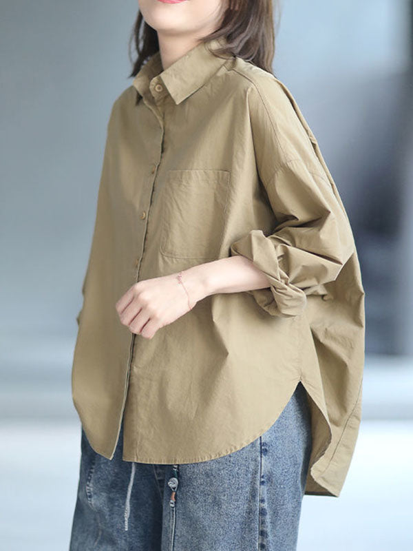 Solid Color High-low Long Sleeves Lapel Blouses&shirts Tops