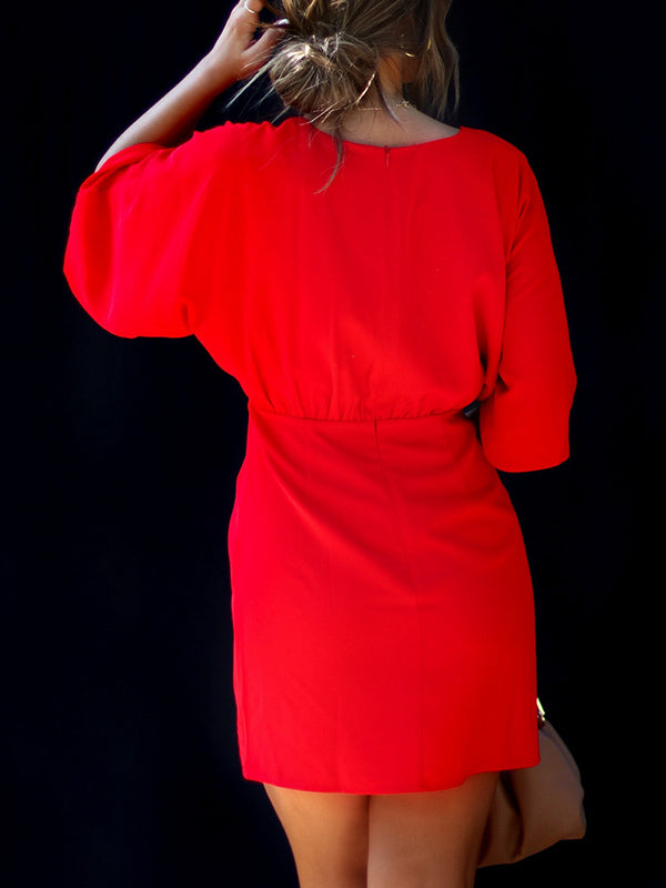 Pleated Solid Color Split-Joint Batwing Sleeves Skinny V-Neck Mini Dresses