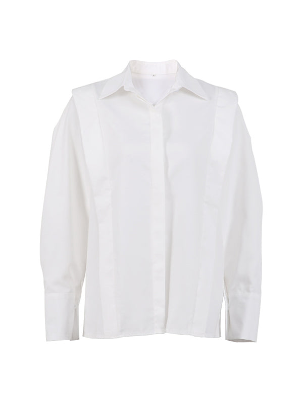 Buttoned Solid Color Long Sleeves Loose Lapel Blouses&Shirts Tops