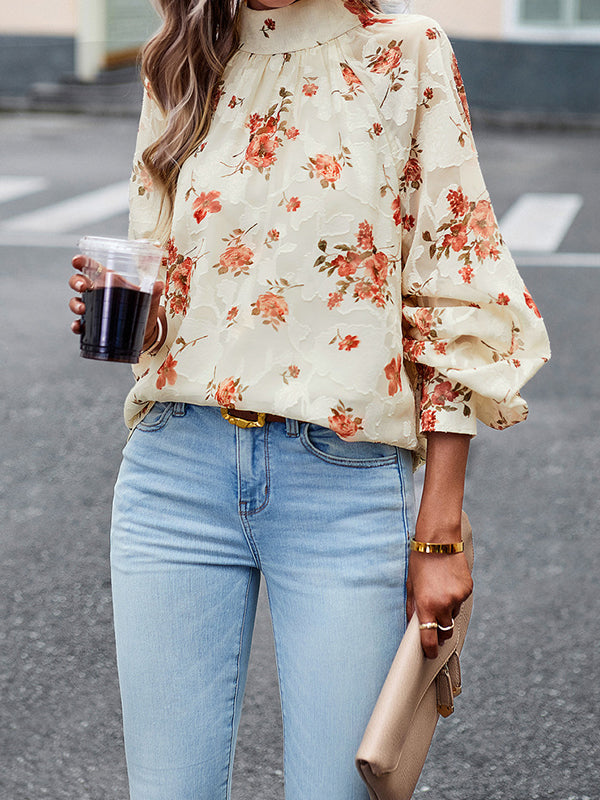 Flower Print Tied Long Sleeves Loose Mock Neck Blouses&Shirts Tops