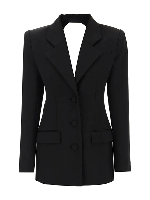 Backless Buttoned Hollow Rhine Stones Solid Color Long Sleeves Deep V-Neck Blazer