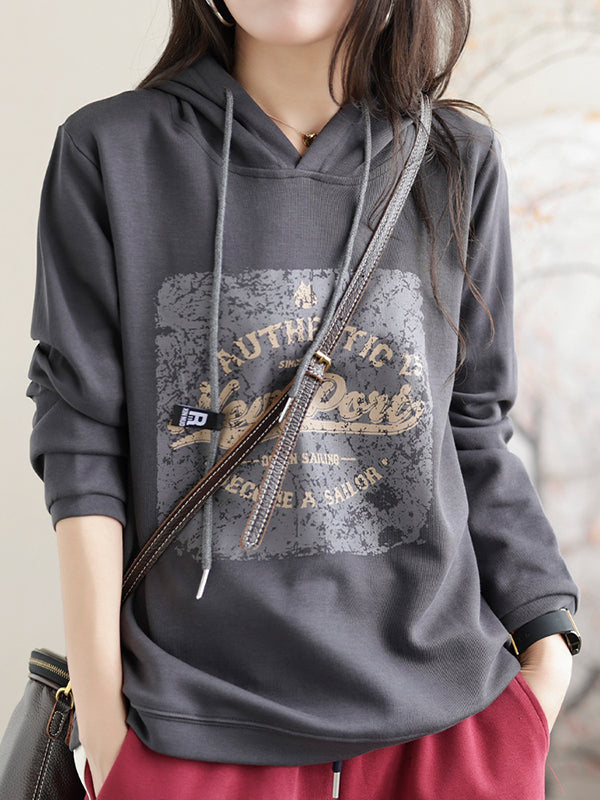 Drawstring Printed Long Sleeves Loose Hoodies Tops