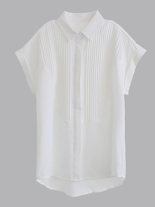 Buttoned Pleated Solid Color Split-Joint Loose Short Sleeves Lapel Blouses&Shirts Tops