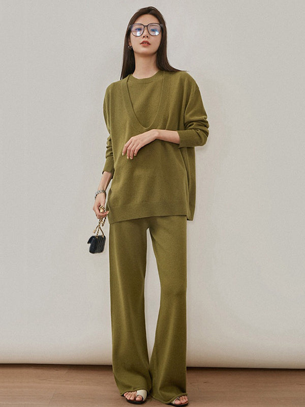 Urban Loose Solid Round-Neck Vest Top& V-Neck Sweater Tops& Wide Leg Pants Three-Piece Set