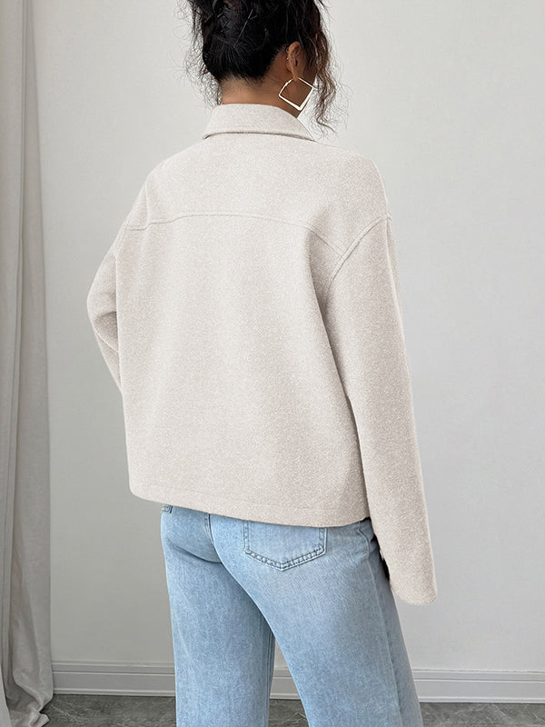 Solid Color Zipper Long Sleeves Loose Lapel Outerwear