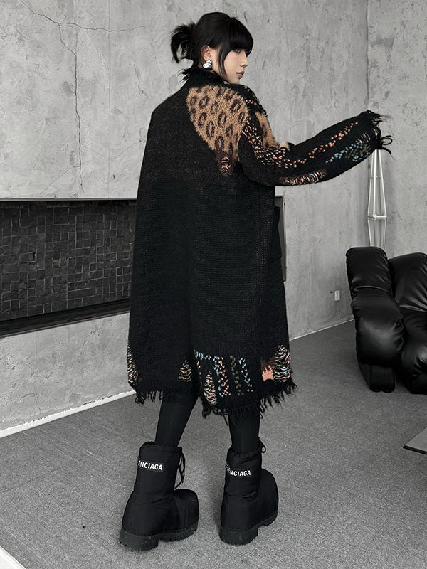 Asymmetric Buttoned Contrast Color Leopard Pockets Split-Joint Hipster Long Sleeves V-Neck Cardigan Tops