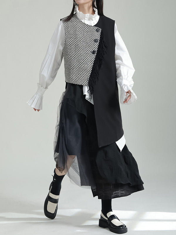 Asymmetric Buttoned Houndstooth Ruffle Sleeves Sleeveless Vest Outerwear