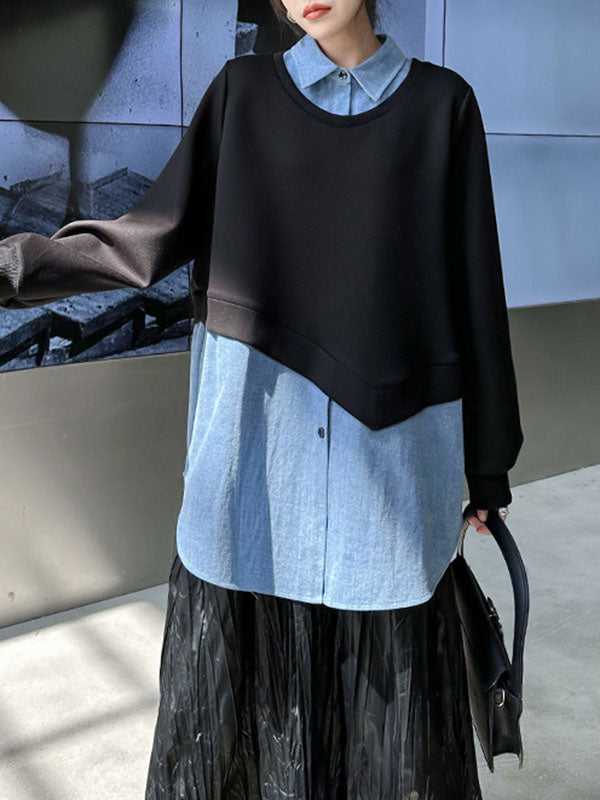 Asymmetric Buttoned Contrast Color Split-Joint False Two Long Sleeves Lapel Sweatshirt Tops