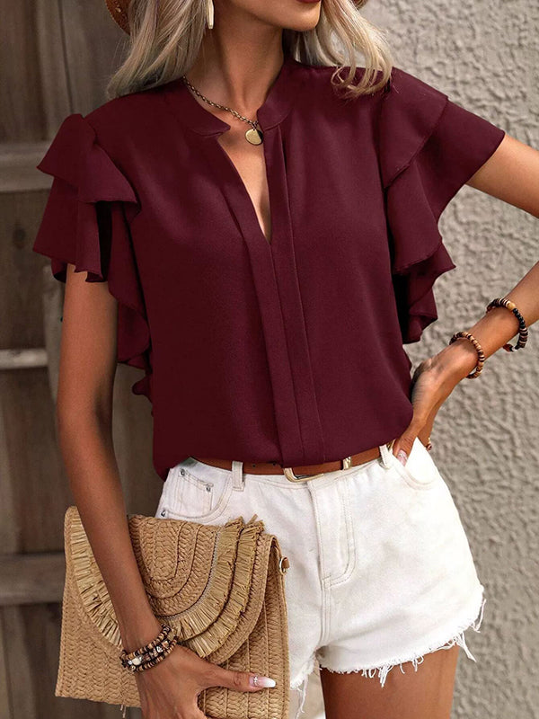 Ruffle Trim Solid Color Loose Ruffle Sleeves V-Neck Blouses&Shirts Tops