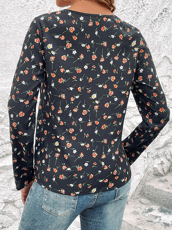 Flower Print Long Sleeves Loose Round-Neck Blouses&Shirts Tops