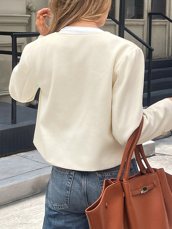 Buttoned Single-Breasted Solid Color Striped Long Sleeves Skinny Collarless Outerwear