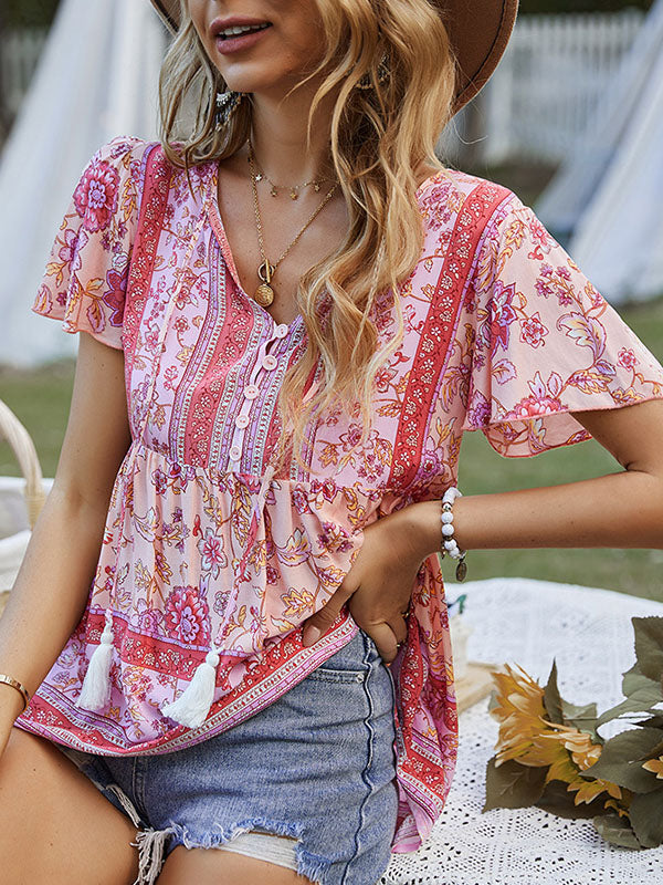 Buttoned Flower Print Split-Joint Tasseled Tied Loose Short Sleeves V-Neck T-Shirts Tops