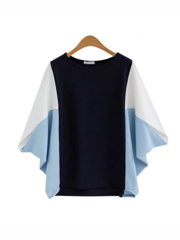 Contrast Color Split-Joint Batwing Sleeves Loose Round-Neck T-Shirts Tops