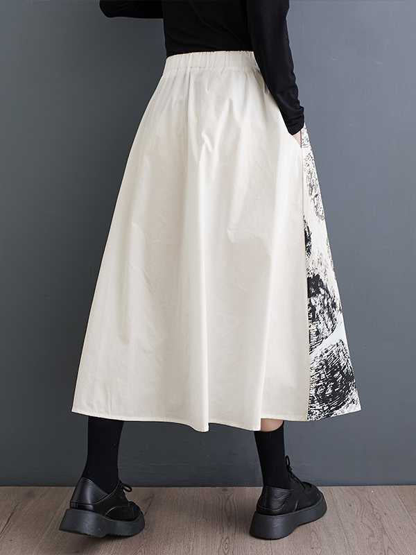 Contrast Color Elasticity Printed Split-Joint A-Line Loose Skirts