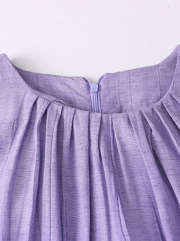 Pleated Solid Color A-Line Loose Round-Neck Midi Dresses