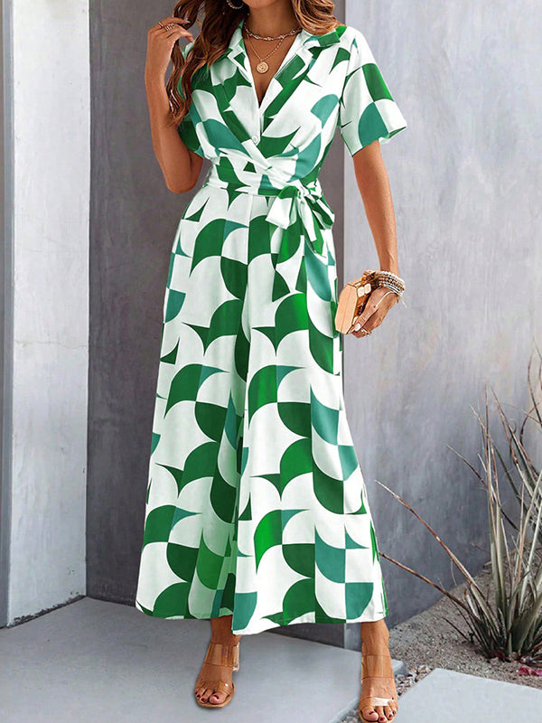 Buttoned Contrast Color Tied Waist High Waisted Loose V-Neck Jumpsuits