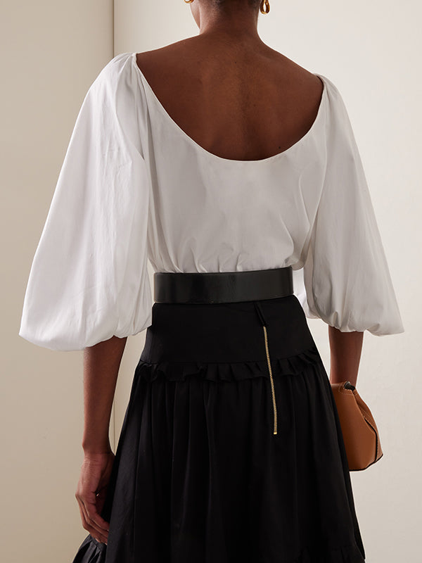 Solid Color Split-Joint Loose Puff Sleeves Round-Neck Blouses&Shirts Tops