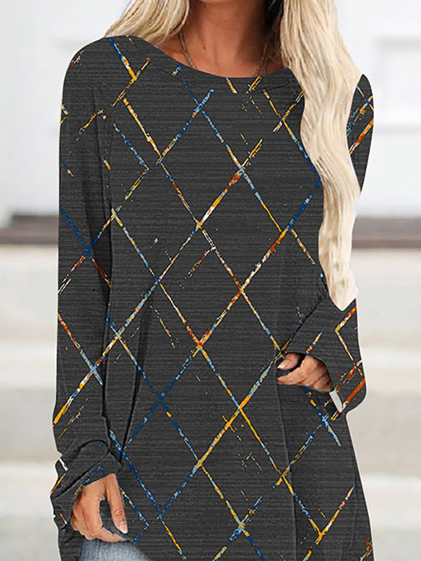 Printed High-Low Long Sleeves Round-Neck T-Shirts Tops