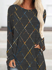 Printed High-Low Long Sleeves Round-Neck T-Shirts Tops