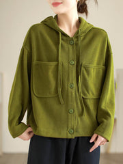 Buttoned Drawstring Pockets Solid Color Hooded Long Sleeves Outerwear