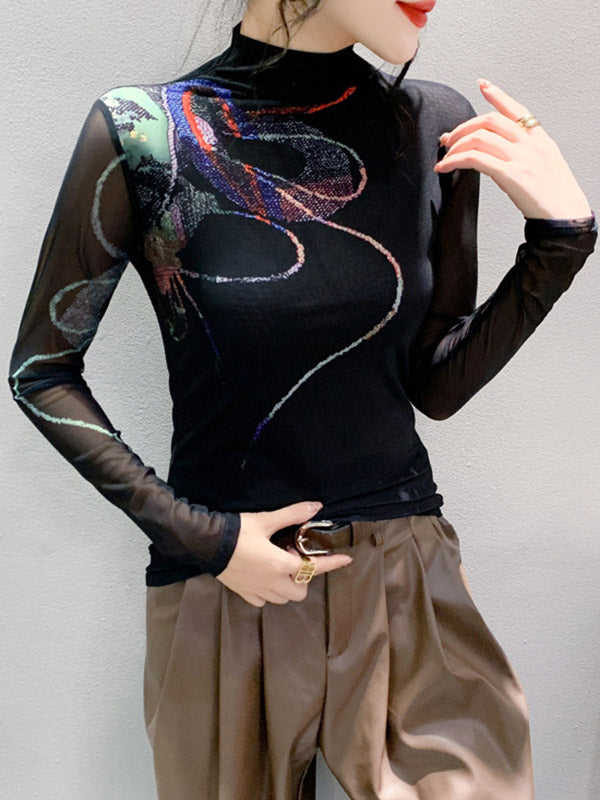Printed See-Through Split-Joint Long Sleeves Plus Size High Neck T-Shirts