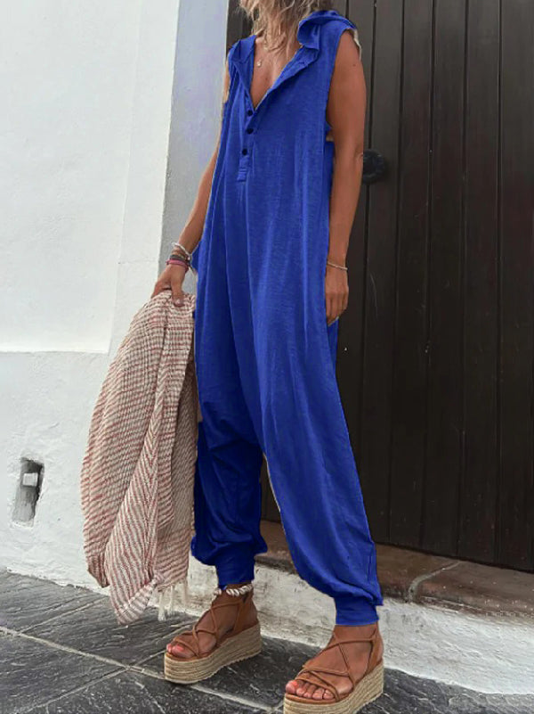 Buttoned Loose Sleeveless V-neck Jumpsuits