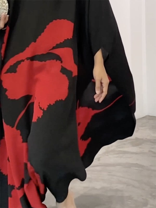 Flower Print Split-Side Batwing Sleeves Long Sleeves Round-Neck Maxi Dresses