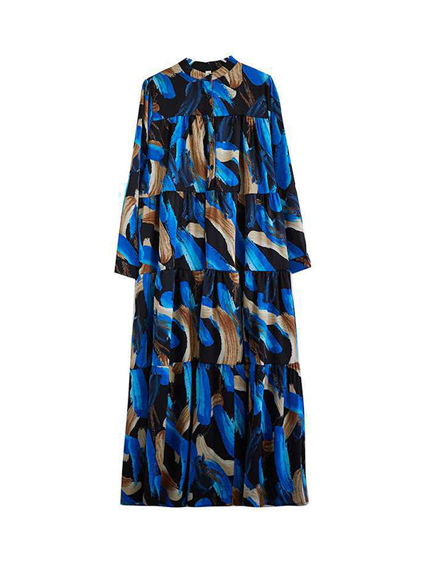Buttoned Printed Split-Joint A-Line Long Sleeves Stand Collar Shirt Dress Maxi Dresses