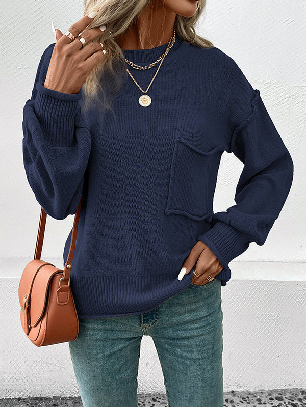 Pockets Solid Color Split-Joint Long Sleeves Loose Round-Neck Sweater Tops Pullovers