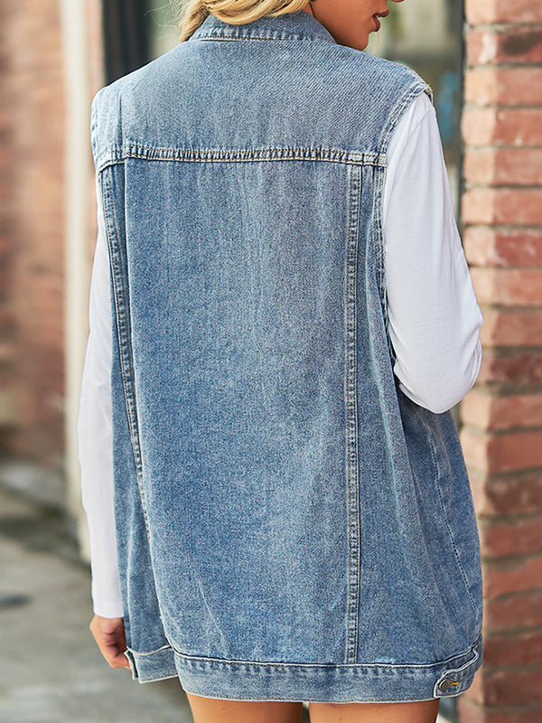 Buttoned Drawstring Pockets Split-Joint Loose Sleeveless Polo Vest Outerwear