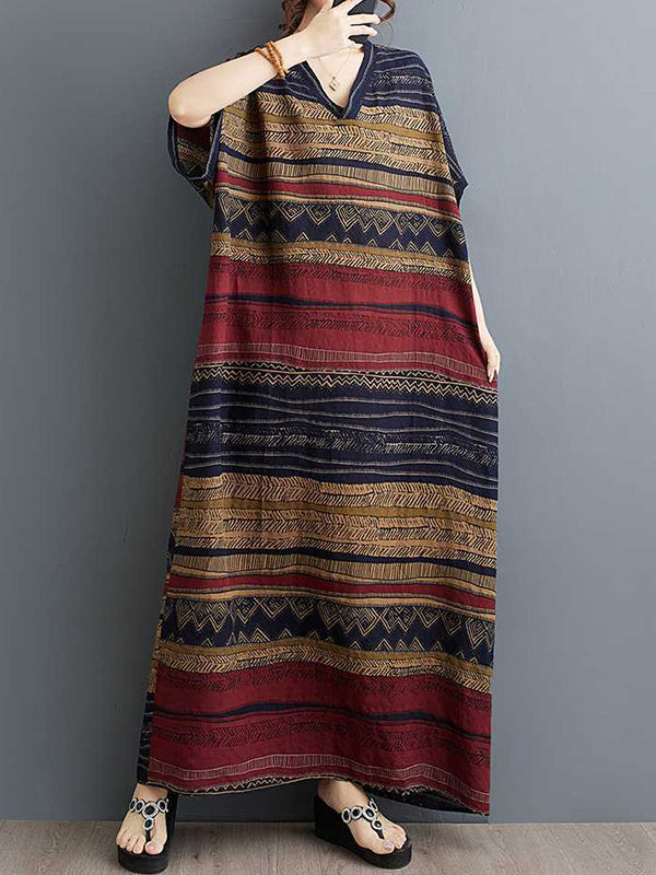 Split-Joint Striped A-Line Batwing Sleeves V-Neck Maxi Dresses