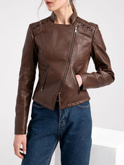 Split-Joint Zipper Long Sleeves Mock Neck Outerwear PU Jackets