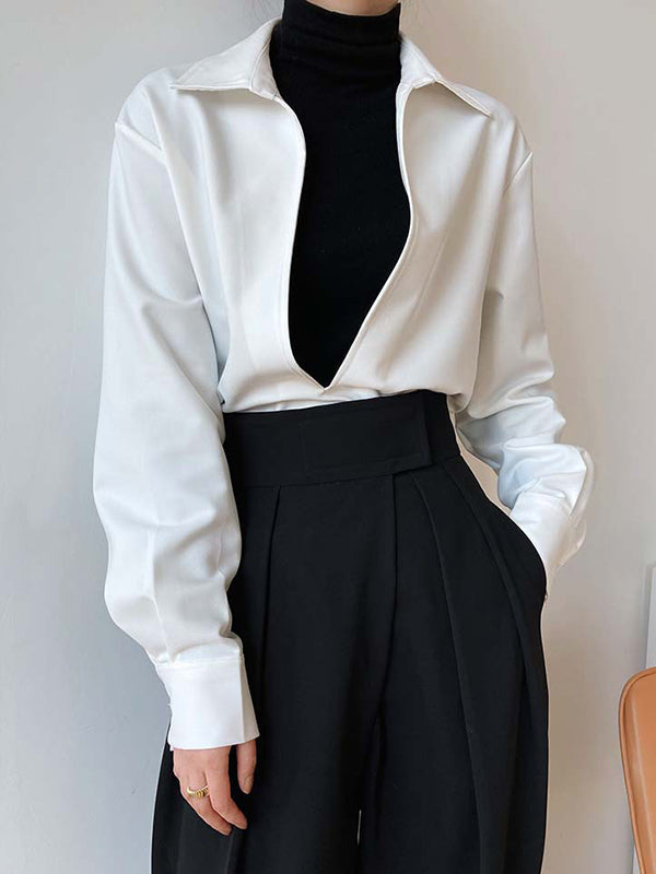 Solid Color Long Sleeves Loose Lapel Blouses